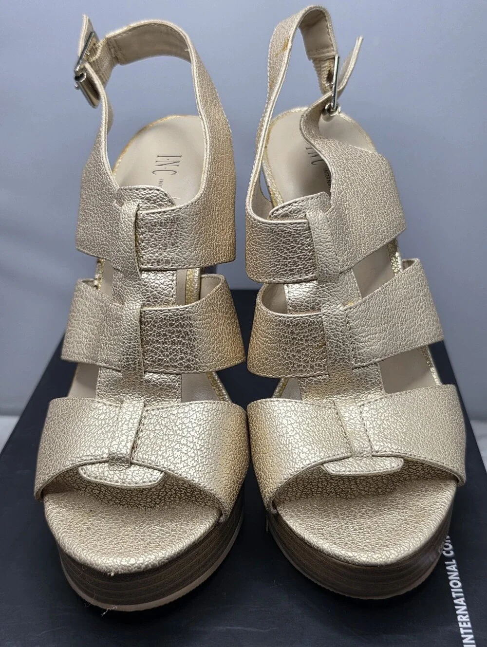 INC International Concepts metallic gold strappy platform wedge sandals 7.5